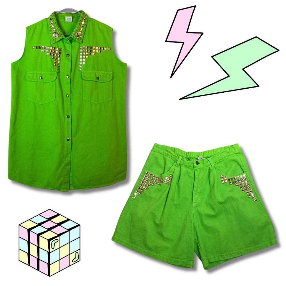 Vintage A.R.C. Lime Green Rhinestone and Gold Tone Studded Shirt and Sho…